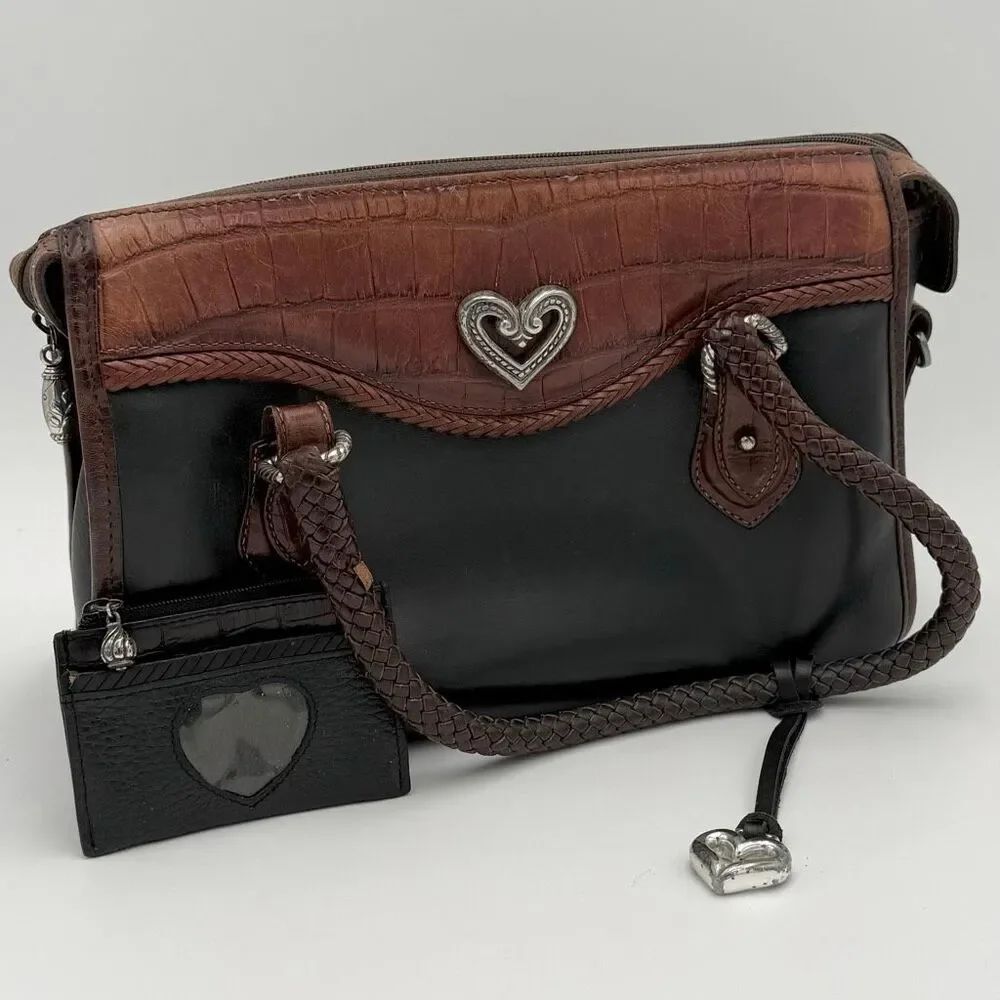 Brighton Vintage Leather Shoulder Bag Crocodile Embossed Accents Heart Keychain